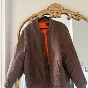 Brown Bomber Jacket with Orange Lining